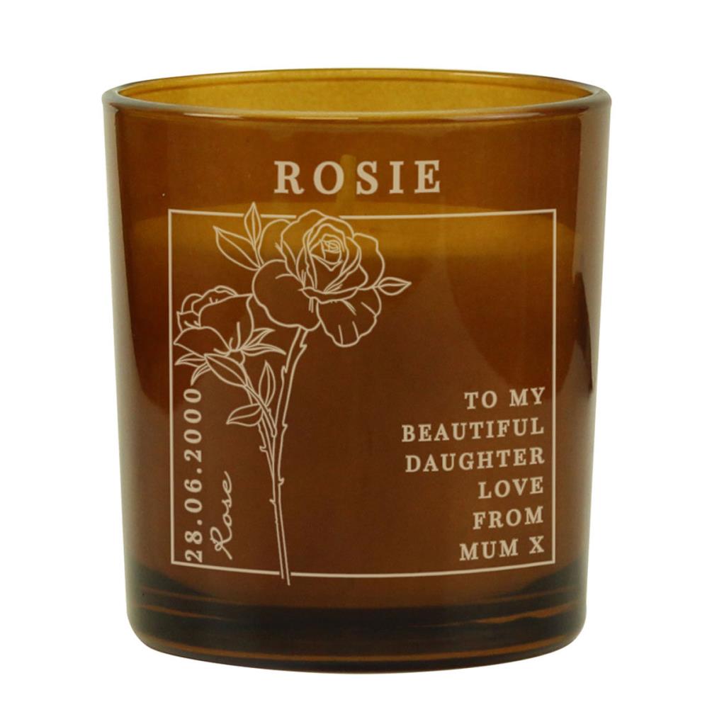 Personalised June Rose Birth Flower Amber Glass Jar Candle £8.99